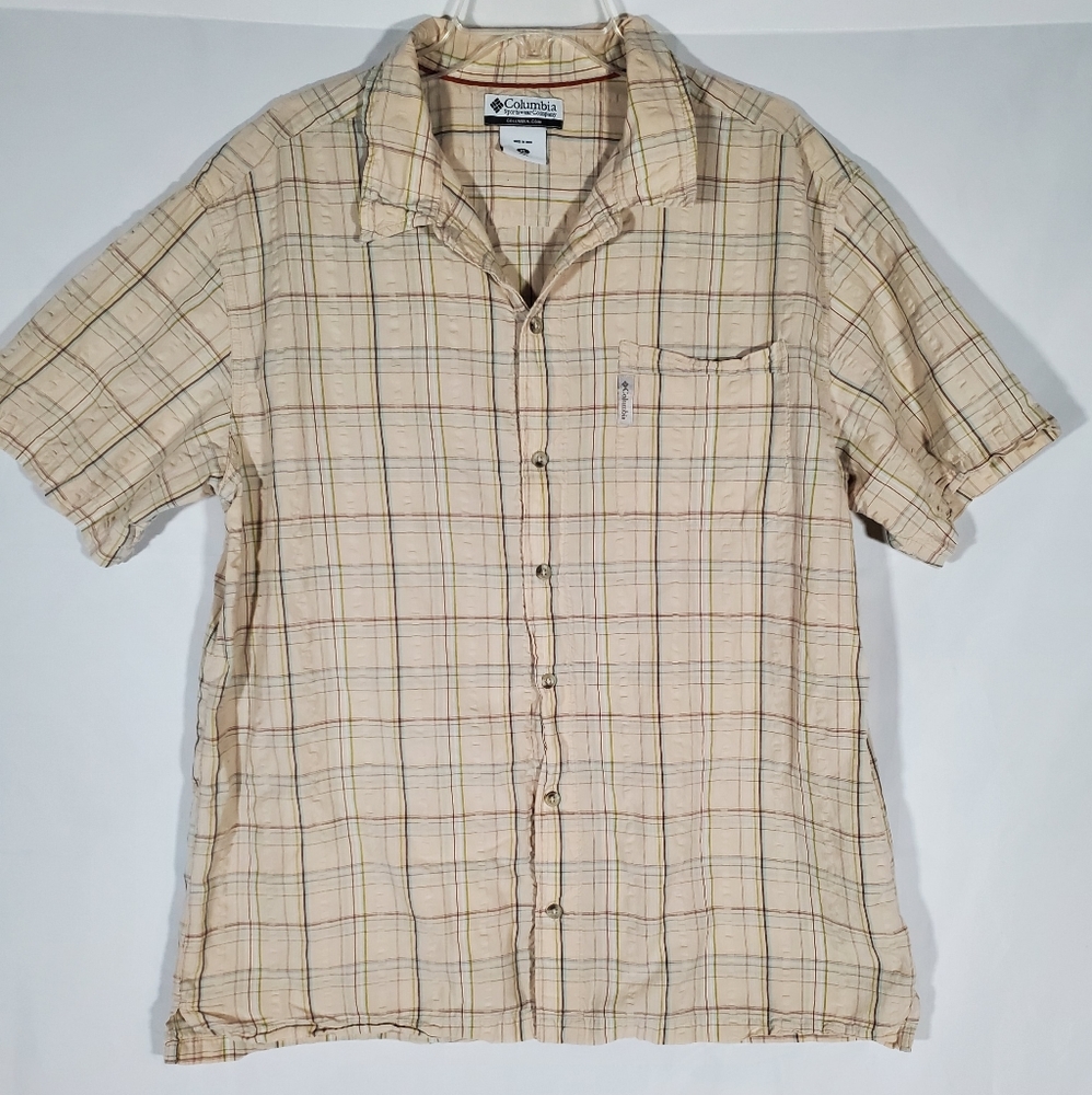 COLUMBIA CREAM BEIGE SHORT SLEEVE RIBBED FABRIC BUTTON UP PLAID FLANNEL